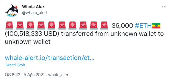 Whale Alert: 36.000 Ethereum transferi