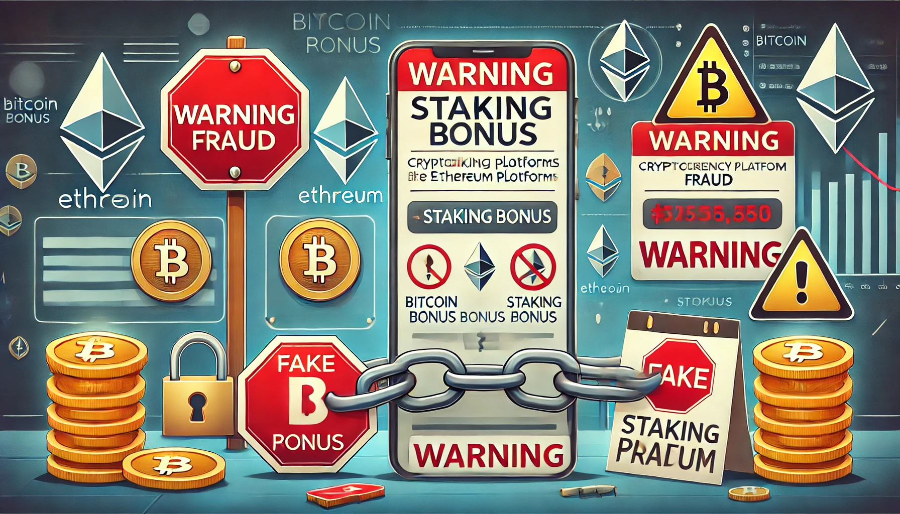 DALLE 2024-12-05 213430 - A warning-themed banner illustration representing cryptocurrency fraud related to staking platforms like stakingbonuscom The design includes red war